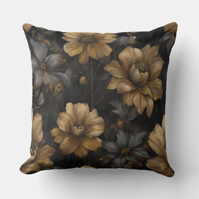 Elegant Black Gold Grey Floral Throw Pillow (Front)