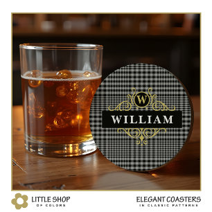 Elegant Black Gold Grey Glen Plaid Monogram Round Paper Coaster