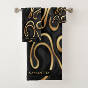 Elegant Black, Gold Grey Marble Effect Name Bath Towel Set