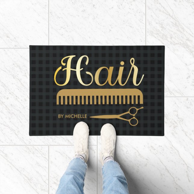 Elegant Black gold Hairstylist Salon Name Doormat (Indoor)