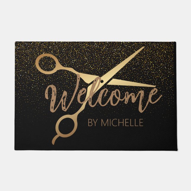 Elegant Black gold Hairstylist Salon Name  Doormat (Front)