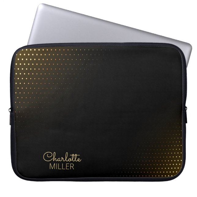 Elegant Black-Gold Halftone with Custom Name Laptop Sleeve (Front)