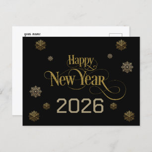 Elegant Black Gold Happy New Year 2026 snowflakes Postcard