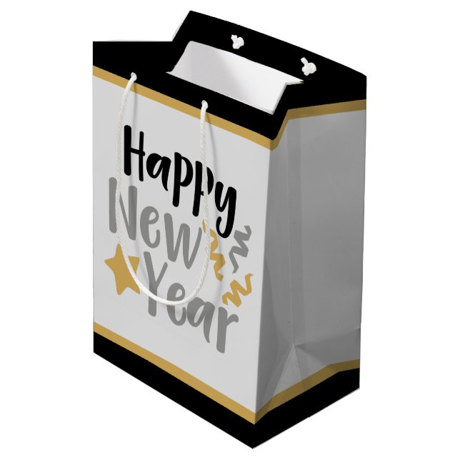 elegant black gold Happy New Year word art party Medium Gift Bag (Back Angled)