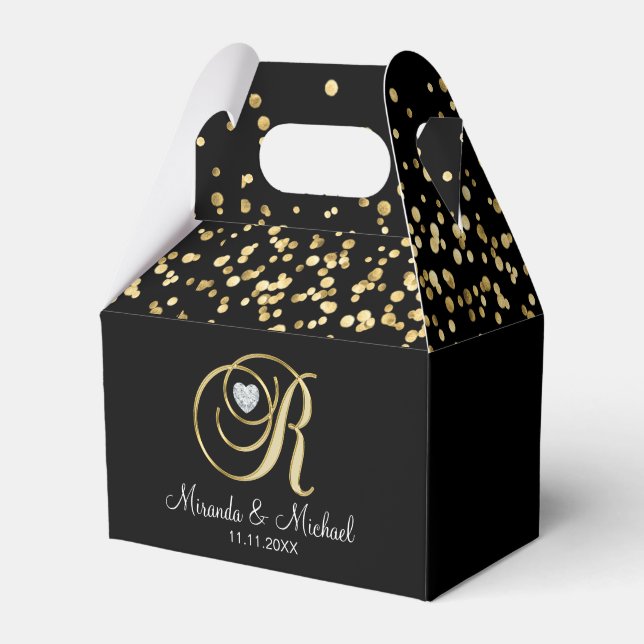 Elegant Black Gold Heart Monogram R Wedding Gift Favor Box (Front Side)