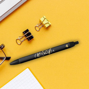 Elegant Black Gold Heart Script Name Monogram Ink Pen