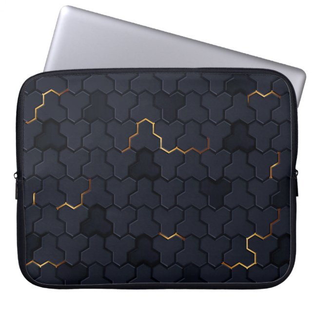Elegant Black-Gold Hexagonal Pattern Laptop Sleeve (Front)