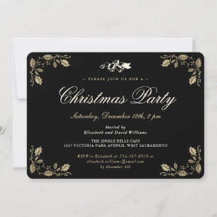 Elegant Black Gold Holly Christmas Holiday Party Invitation