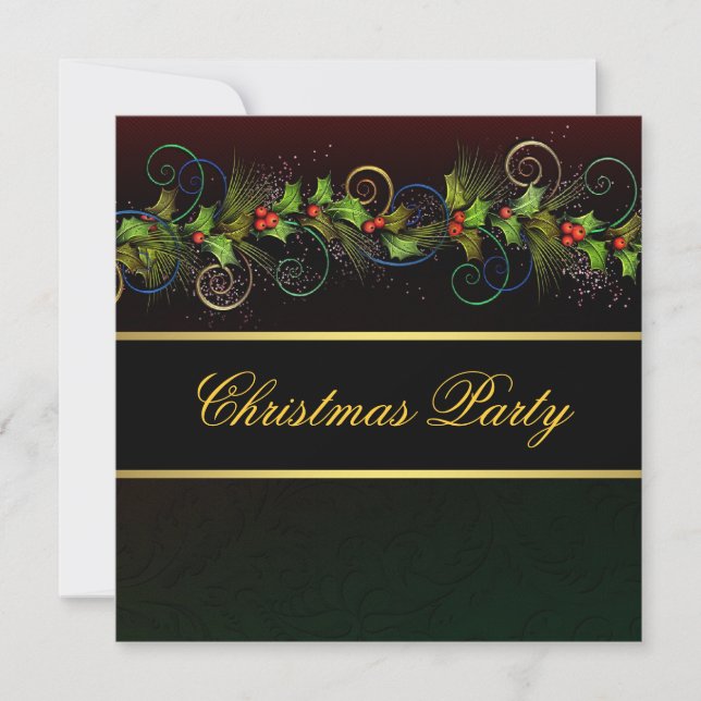 Elegant Black Gold Holly Christmas Party Invitation (Front)