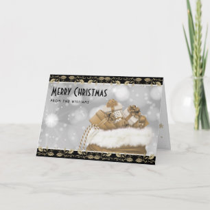 Elegant Black Gold Holly Christmas Presents Holiday Card