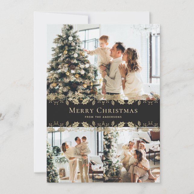 Elegant Black Gold Holly Photo Merry Christmas Holiday Card (Front)