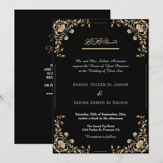 Elegant Black Gold Islamic Muslim Wedding qr code Invitation (Front/Back)