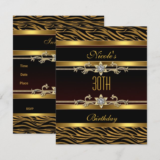 Elegant Black gold Jewel 30th Birthday Invitation (Front/Back)
