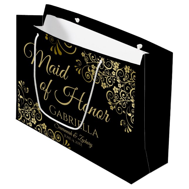 Elegant Black & Gold Lace Maid of Honour Wedding Large Gift Bag (Front Angled)