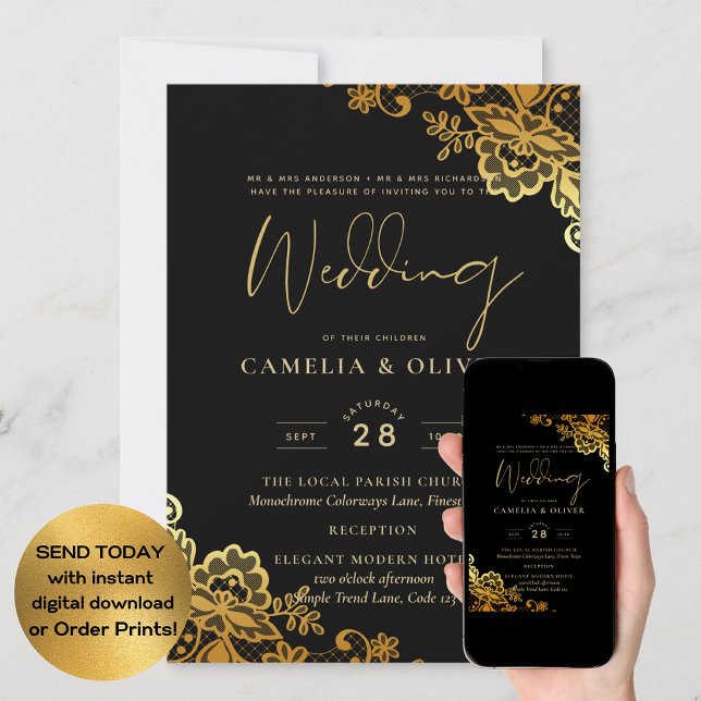 Elegant Black Gold Lace Modern Wedding  Invitation (Creator Uploaded)