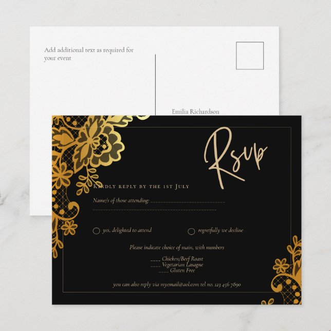 Elegant Black Gold Lace Modern Wedding  Postcard (Front/Back)