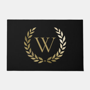 Elegant Black Gold Laruel Wreath Monogram Doormat