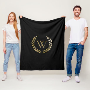 Elegant Black Gold Laruel Wreath Monogram Fleece Blanket
