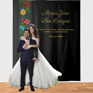 Elegant Black Gold Latin Folk Floral Wedding  Tapestry