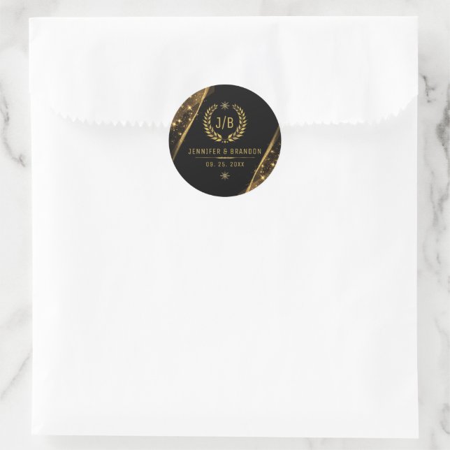 Elegant Black Gold Laurel Treat Festive Design Classic Round Sticker (Bag)