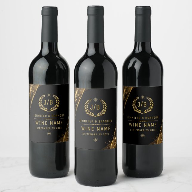 Elegant Black Gold Laurel Treat Festive Design Wine Label (Bottles)
