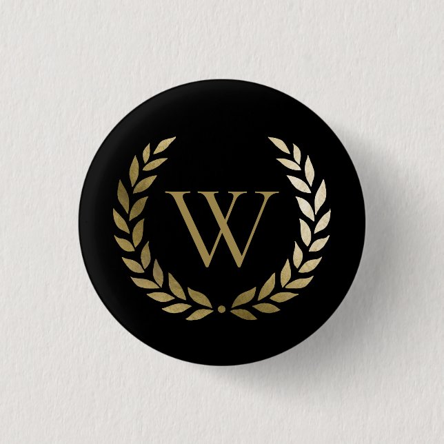 Elegant Black Gold Laurel Wreath Monogram 1 Inch Round Button (Front)
