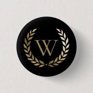 Elegant Black Gold Laurel Wreath Monogram 1 Inch Round Button