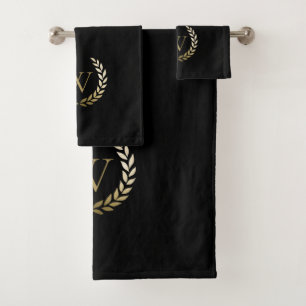 Elegant Black Gold Laurel Wreath Monogram Bath Towel Set