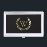 Elegant Black Gold Laurel Wreath Monogram Business Card Holder<br><div class="desc">This elegant business card case features your monogram in faux gold framed by a matching gold laurel wreath on a black background. Designed by Susan Coffey.</div>