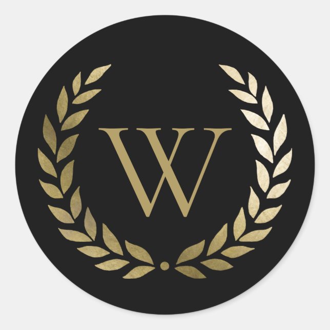 Elegant Black Gold Laurel Wreath Monogram Classic Round Sticker (Front)