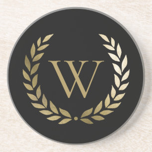 Elegant Black Gold Laurel Wreath Monogram Coaster