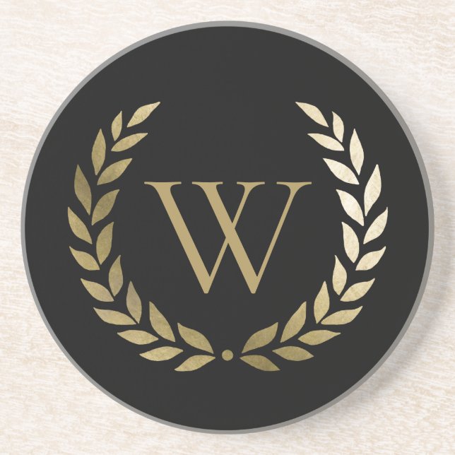 Elegant Black Gold Laurel Wreath Monogram Coaster (Front)