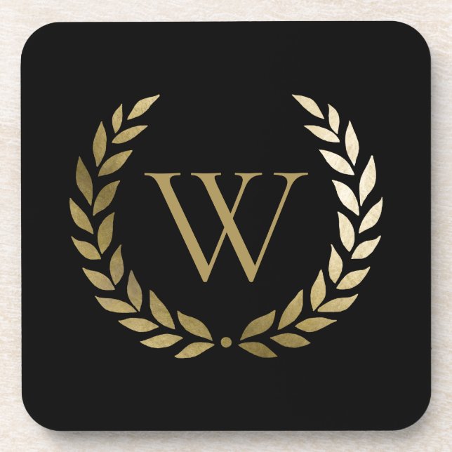 Elegant Black Gold Laurel Wreath Monogram Coaster (Front)