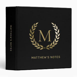 Elegant Black Gold Laurel Wreath Monogram Name Binder