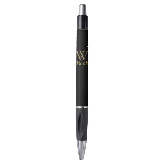 Elegant Black Gold Laurel Wreath Monogram Pen (Front Vertical)