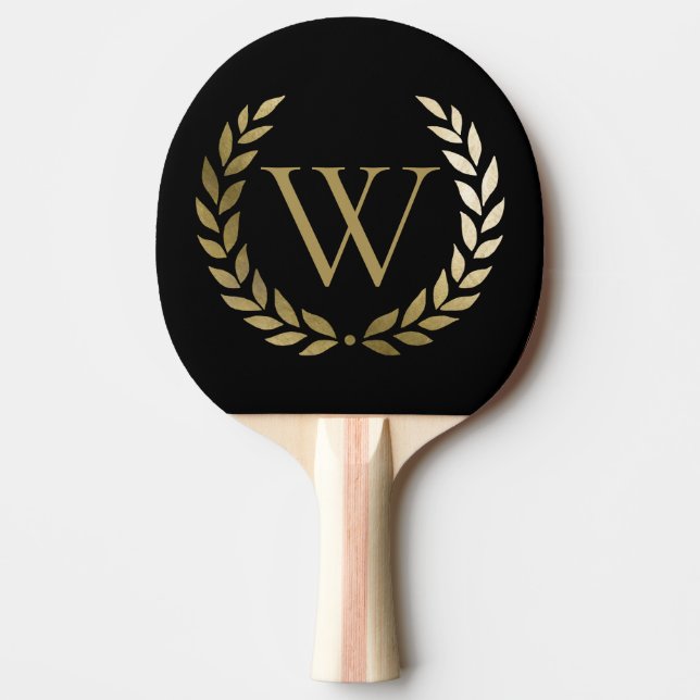Elegant Black Gold Laurel Wreath Monogram Ping Pong Paddle (Front)