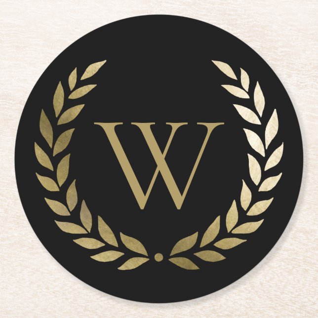 Elegant Black Gold Laurel Wreath Monogram Round Paper Coaster (Front)