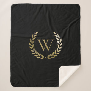 Elegant Black Gold Laurel Wreath Monogram Sherpa Blanket