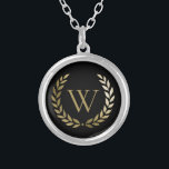 Elegant Black Gold Laurel Wreath Monogram Silver Plated Necklace<br><div class="desc">This elegant personalized necklace features a faux gold monogram framed with a gold laurel wreath on a simple black background. Designed by Susan Coffey.</div>