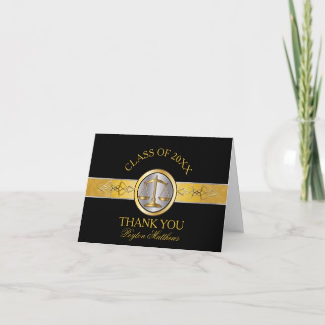 Elegant Black Gold Law School Graduation Thank You (Front)