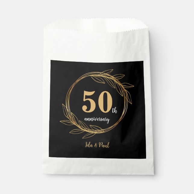 Elegant Black Gold Leaf 50th Wedding Anniversary Favour Bag (Front)
