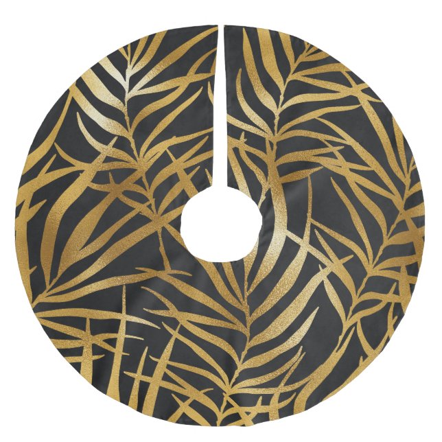 Elegant Black Gold Leaf Pattern Chic Christmas Brushed Polyester Tree Skirt (Front)