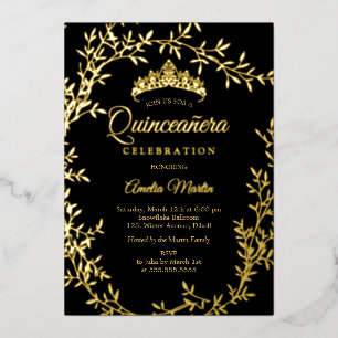 Elegant Black Gold Leaf Wreath Quinceanera