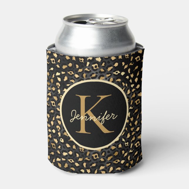 Elegant Black Gold Leopard Cheetah animal print Can Cooler (Can Front)