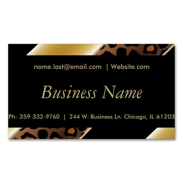 Elegant Black & Gold Leopard Stripes Magnetic Business Card (Front)
