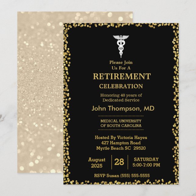 Elegant  Black & Gold Lights Doctor Retirement  Invitation (Front/Back)