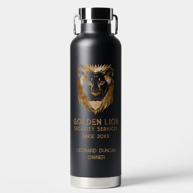 Elegant Black Gold Lion Luxe Business Logo Water Bottle (Front)