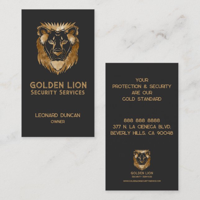Elegant Black Gold Lion Security Services Business Business Card (Front/Back)