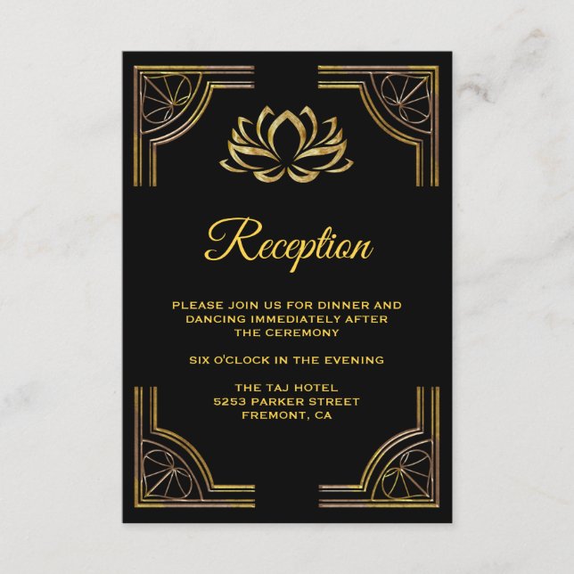 Elegant Black Gold Lotus Flower Wedding Reception Enclosure Card (Front)
