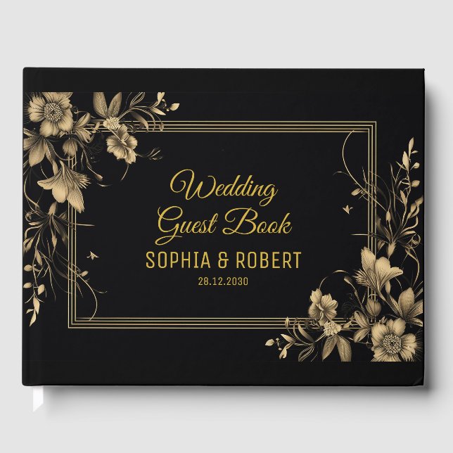 Elegant Black Gold Luxury Script Modern Wedding Guest Book (Front)